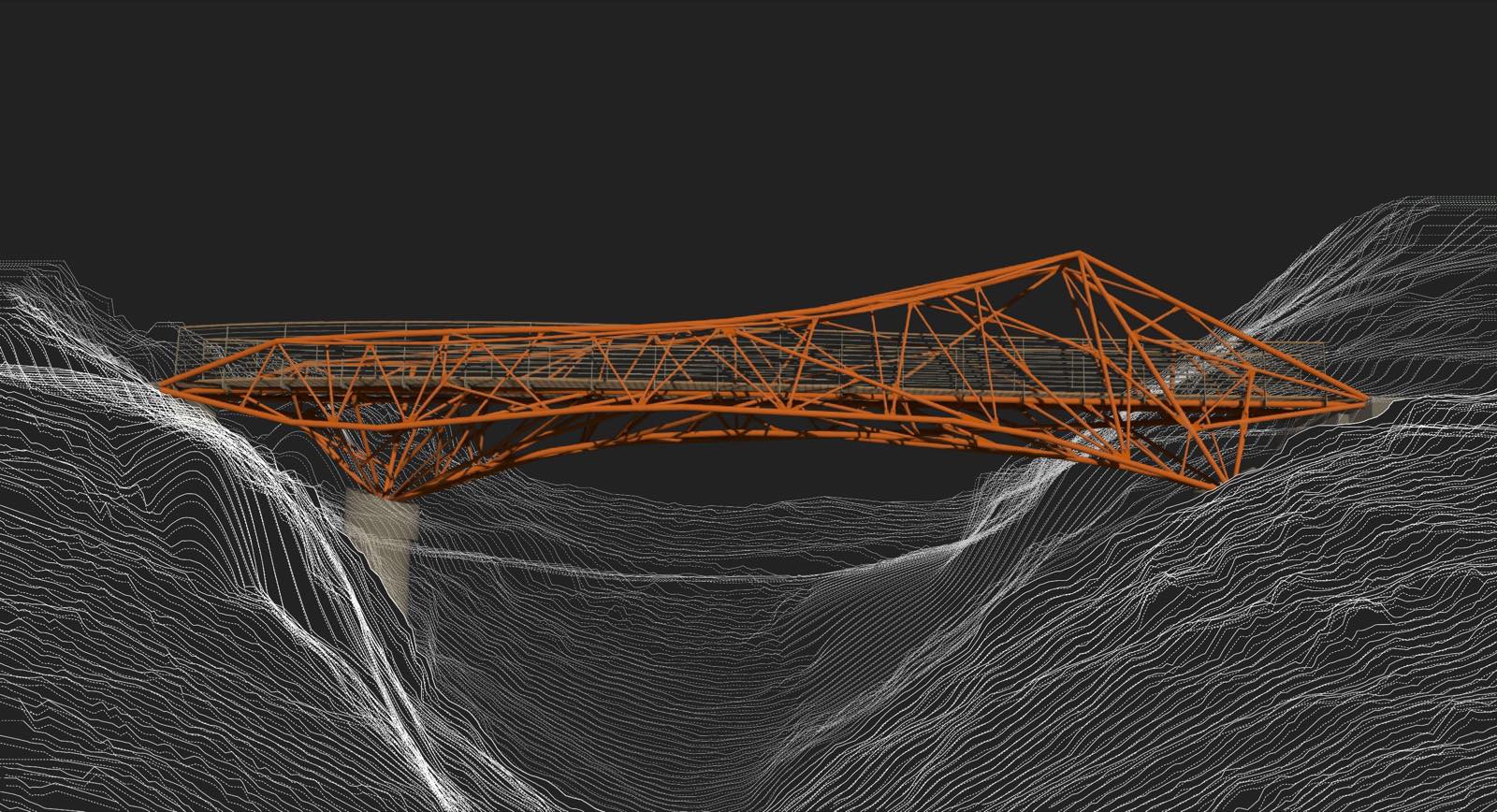 The bridge modelled as an orange steel lattice, sitting inside a white point-cloud survey of the ravine it spans