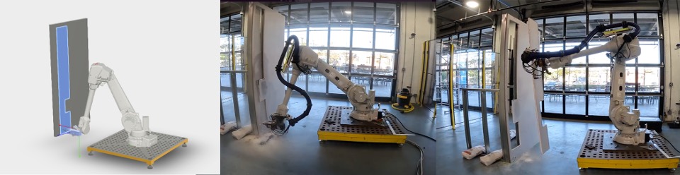 Three panels side by side: a simulation of the robot arm tracing a toolpath across a wall panel, and two photographs of the same robot doing it on a real panel in the shop